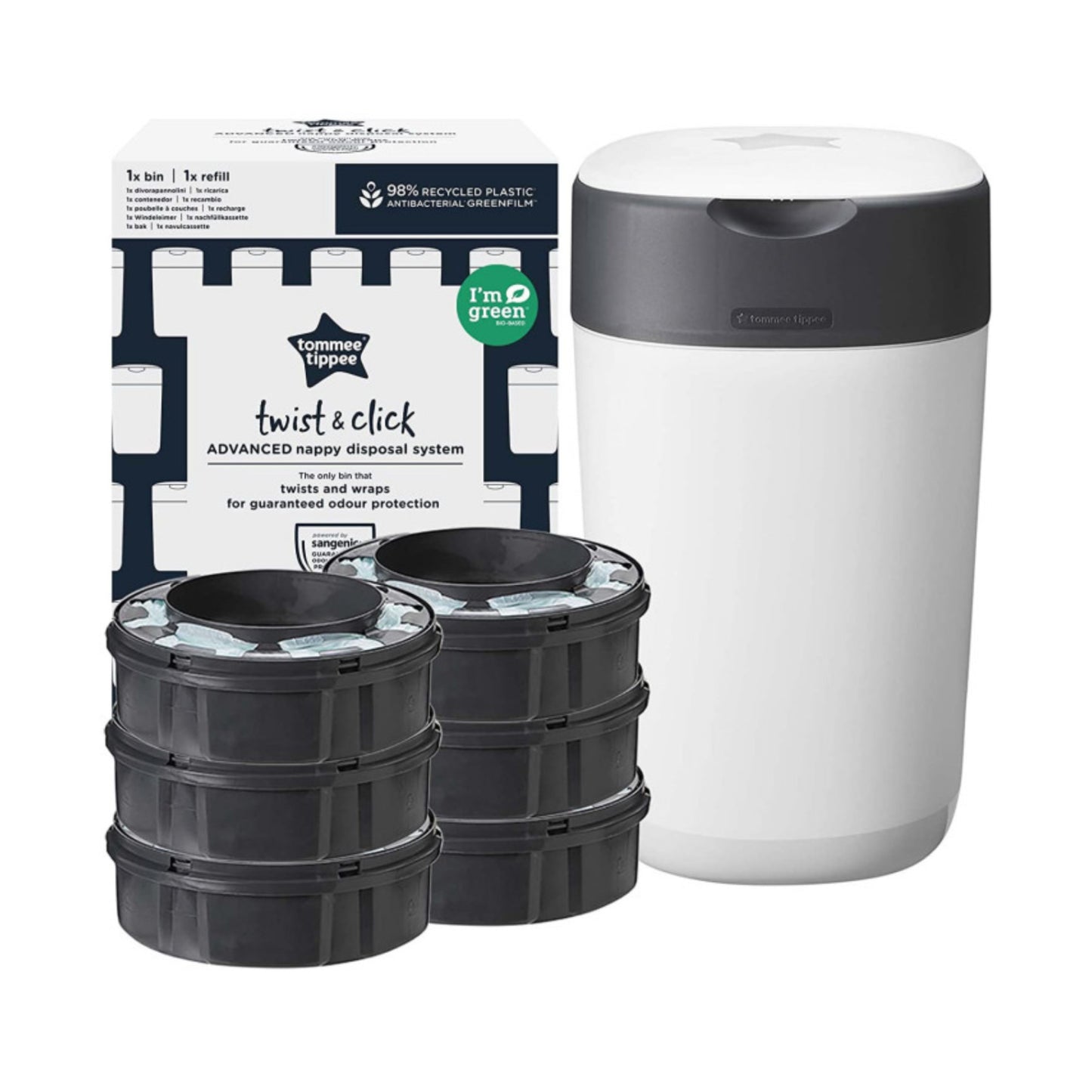 TOMMEE TIPPEE SANGENIC TWIST AND CLICK ADVANCED Diaper Container and 6-Piece Cassette Set, WHITE