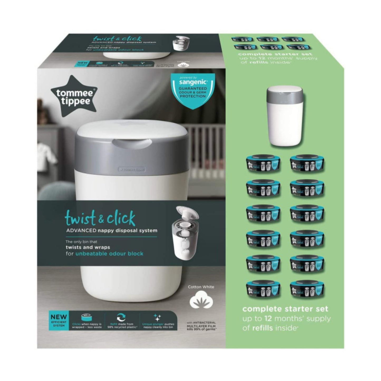 TOMMEE TIPPEE TWIST AND CLICK ADVANCED Diaper Container and 12-Piece Cassette Set, WHITE