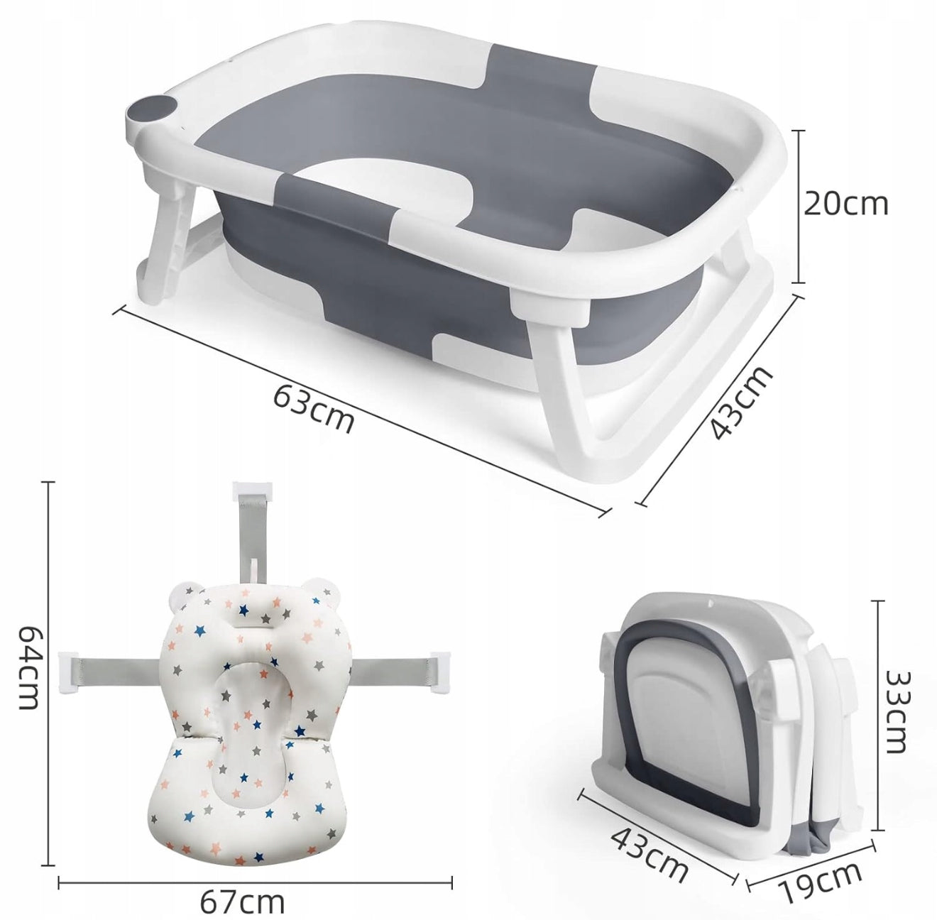 Foldable silicone baby bath with cushion and temperature sensor