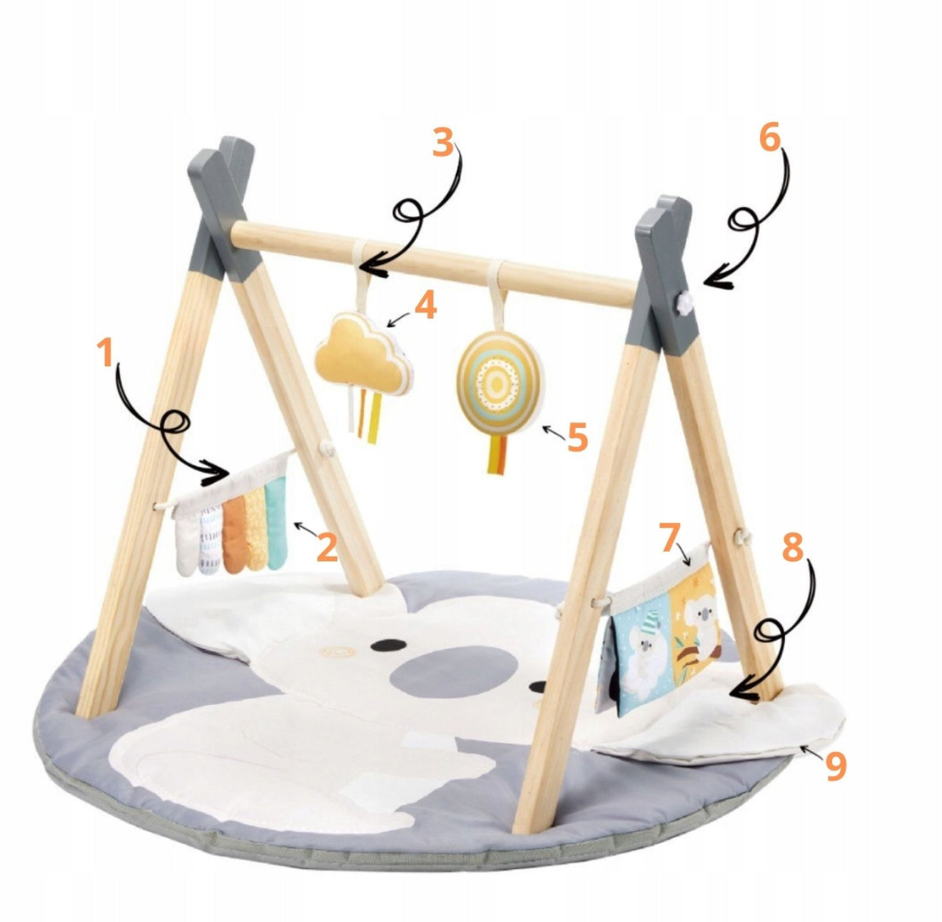 Lavinamasis interaktyvus kilimėlis kūdikiams „Koala“ su medine arka ir žaisliukais