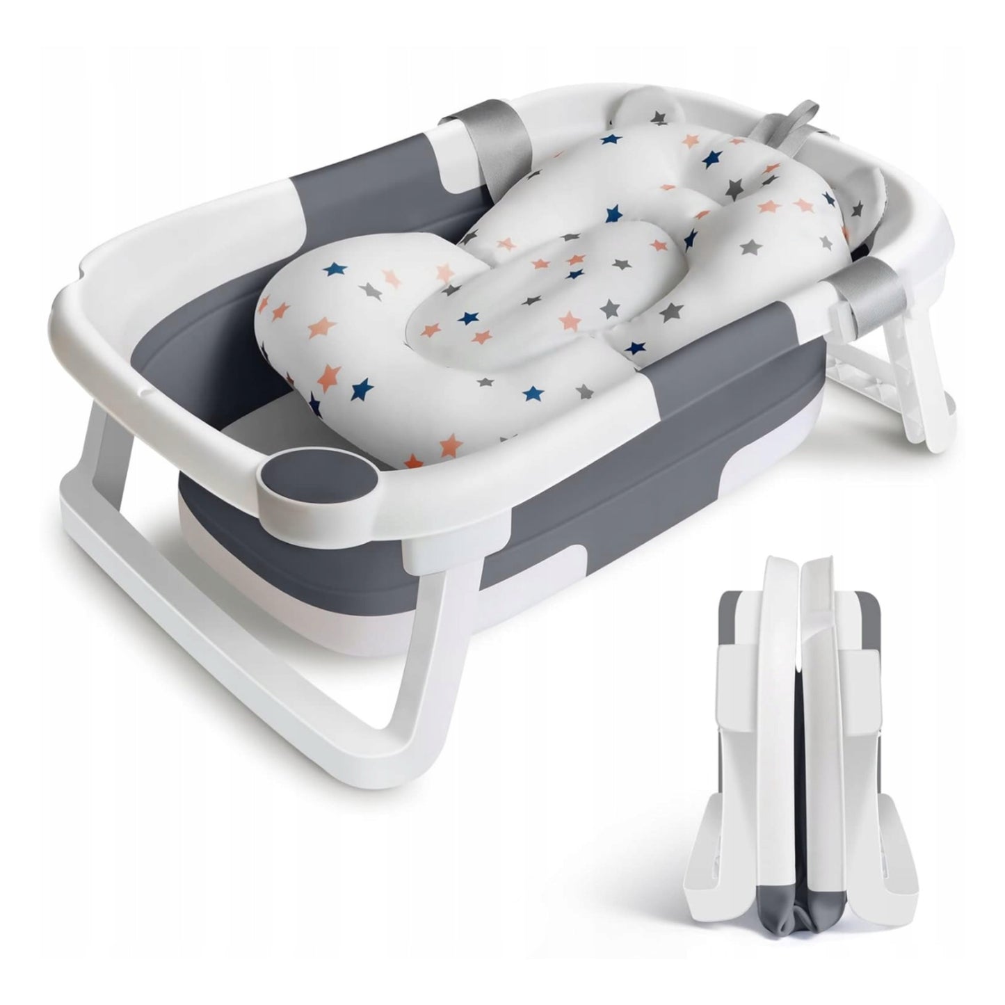 Foldable silicone baby bath with cushion and temperature sensor