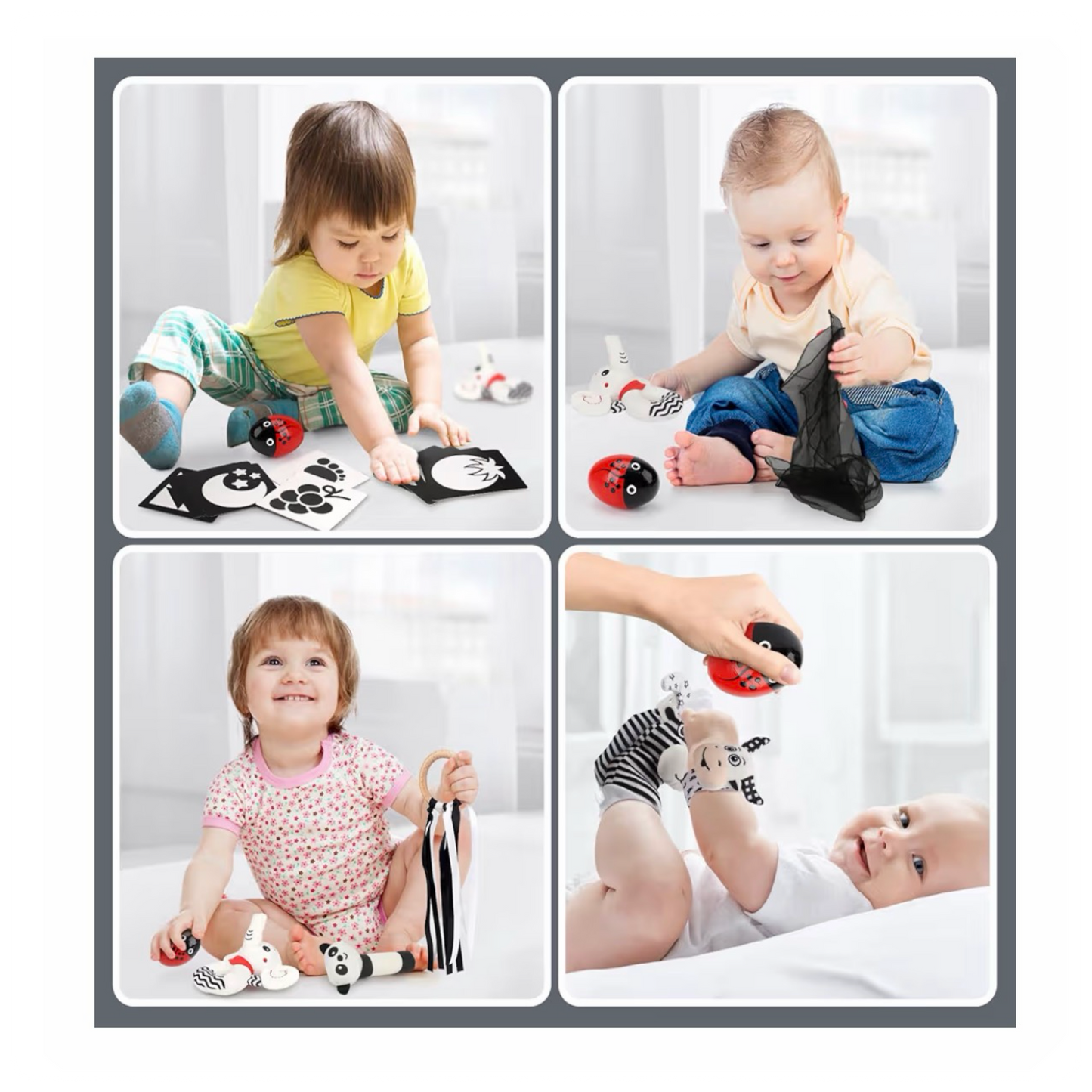 Juodai baltas sensorinių žaislų rinkinys kūdikiams (0–6 mėn.)