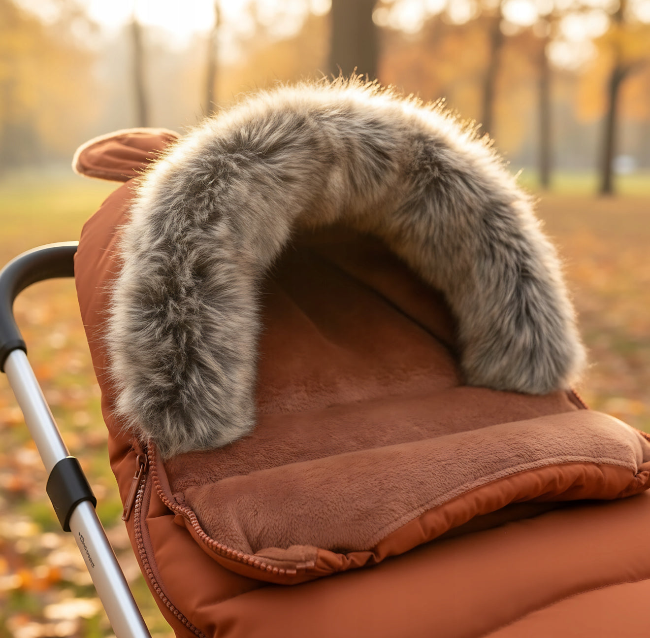 Žieminis vežimėlio miegmaišis su kailiu ir rankine „Teddy PRO Carmel“ – šiltas ir stilingas rinkinys
