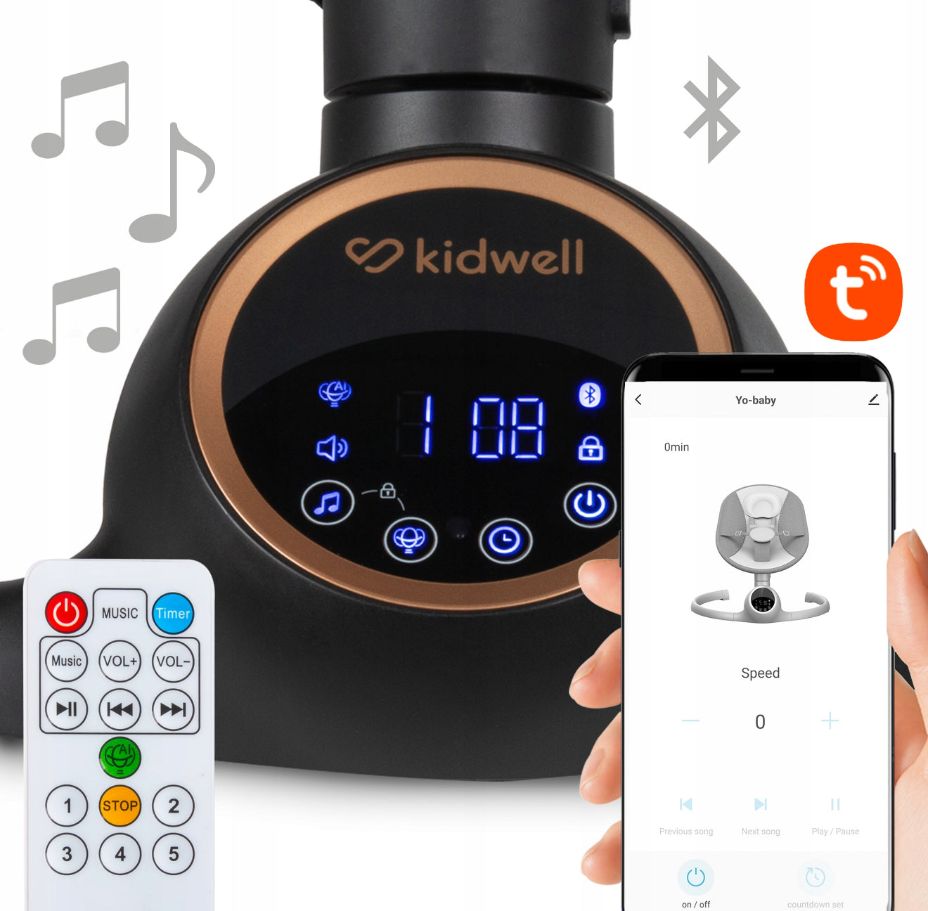 Kidwell REVE 2in1 Elektrinis kūdikio gultukas–supynė (juodas/auksinis)