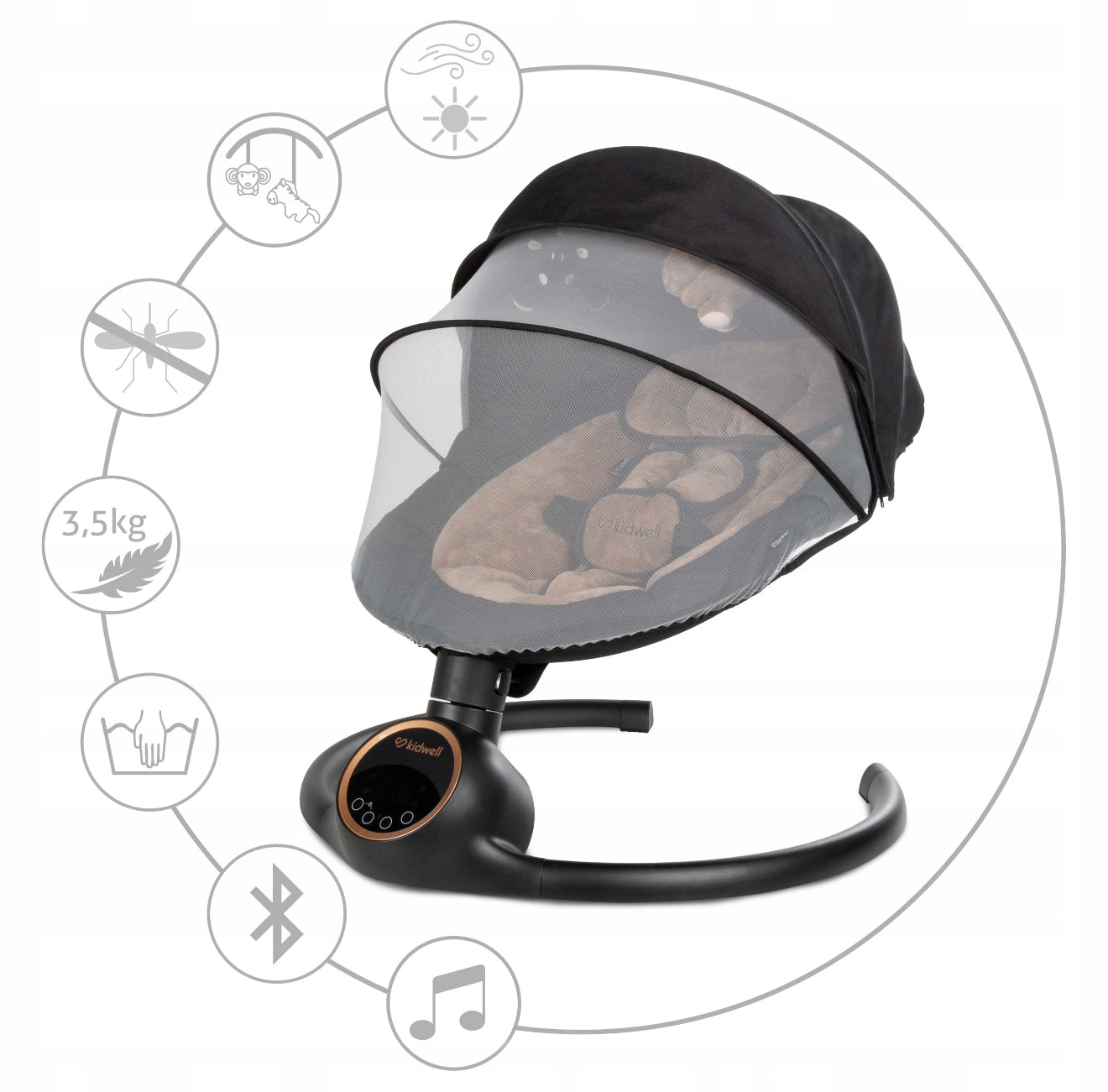 Kidwell REVE 2in1 Elektrinis kūdikio gultukas–supynė (juodas/auksinis)