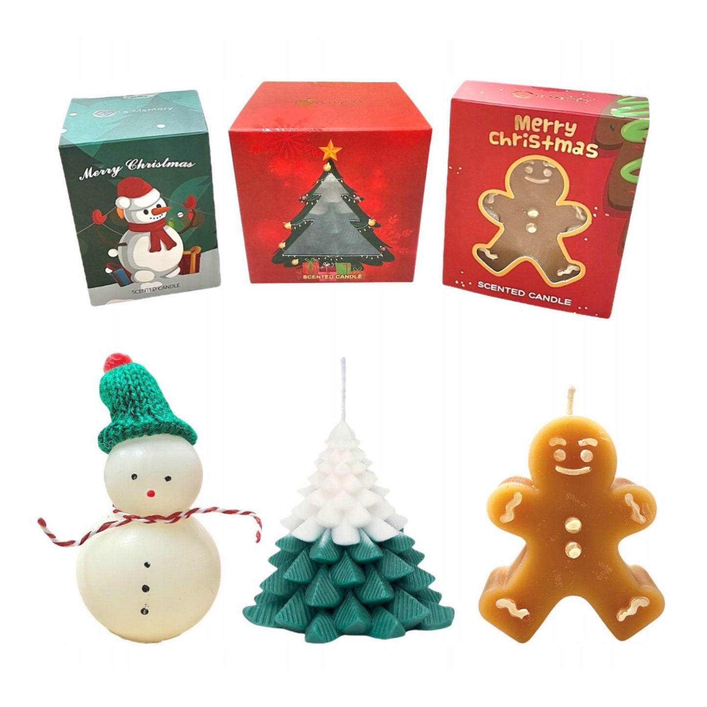Kalėdinių Kvapnių Žvakių Rinkinys (3 vnt.) – Sniego Senis, Kalėdų Eglutė ir Meduolis