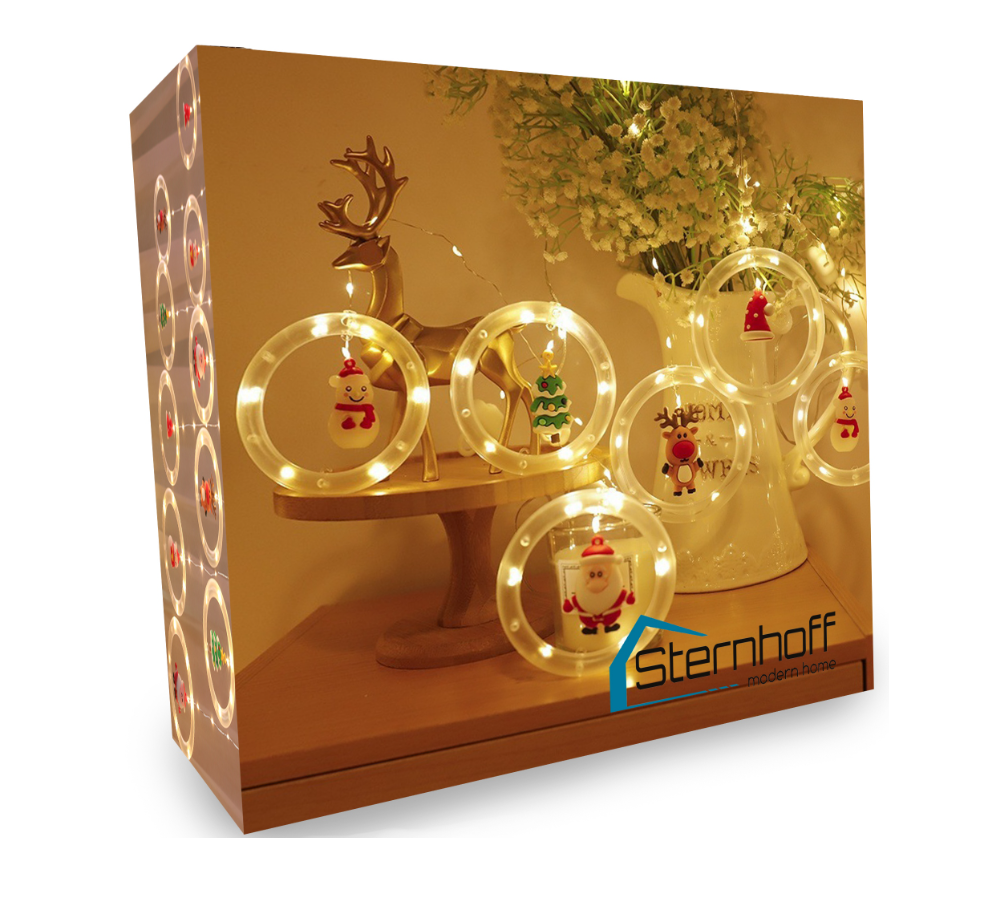 Kalėdinės užuolaidinės LED lemputės su vitražiniais personažais – Kalėdų Senelis, sniego seniai ir eglutės (108 LED, 3 m)