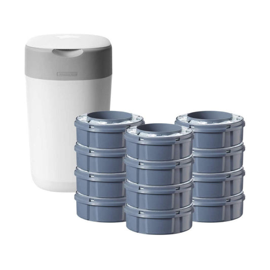 TOMMEE TIPPEE TWIST AND CLICK ADVANCED Diaper Container and 12-Piece Cassette Set, WHITE