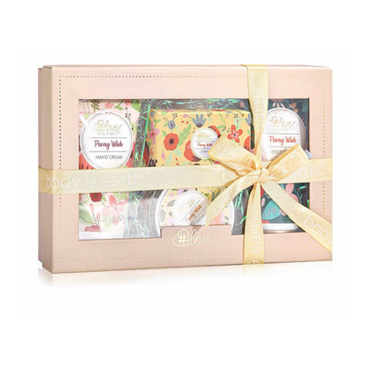 Body & Earth „Love“ dovanų rinkinys moterims – 4 dalių odos priežiūros ir aromaterapijos rinkinys su bijūnų kvapu