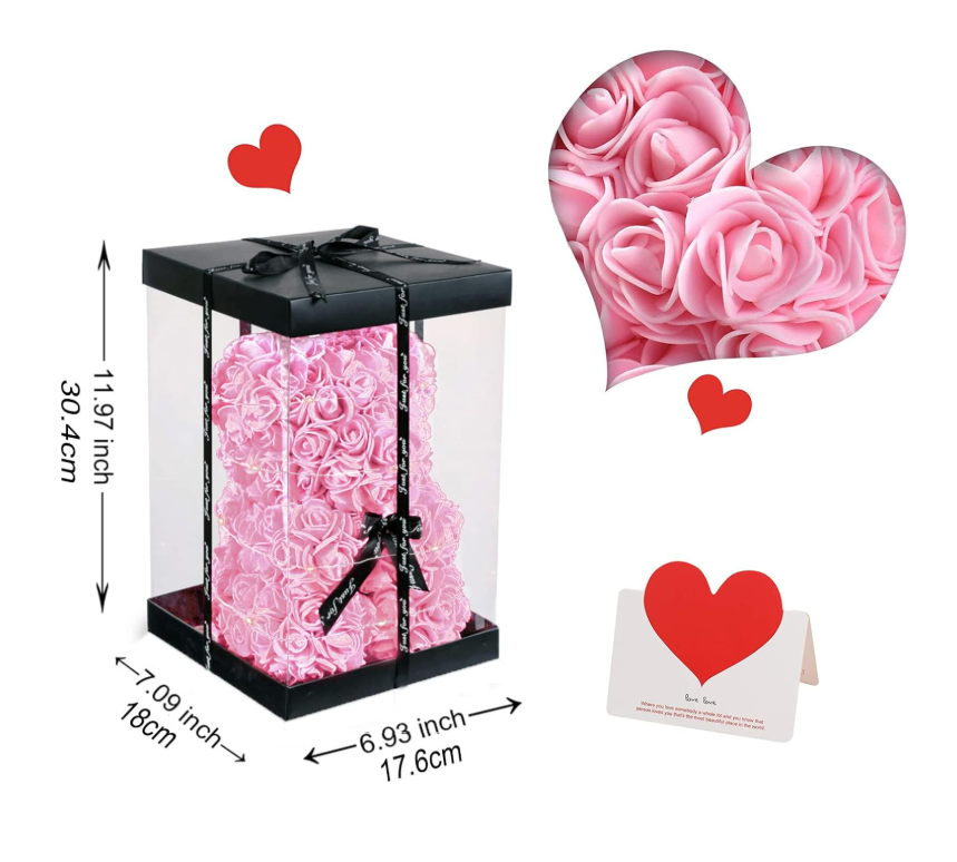 Rožių meškiukas su LED švieselėmis – romantiška dovana jai