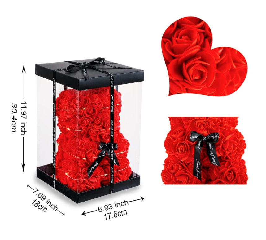 Rožinis rožių meškiukas su LED švieselėmis – romantiška dovana jai