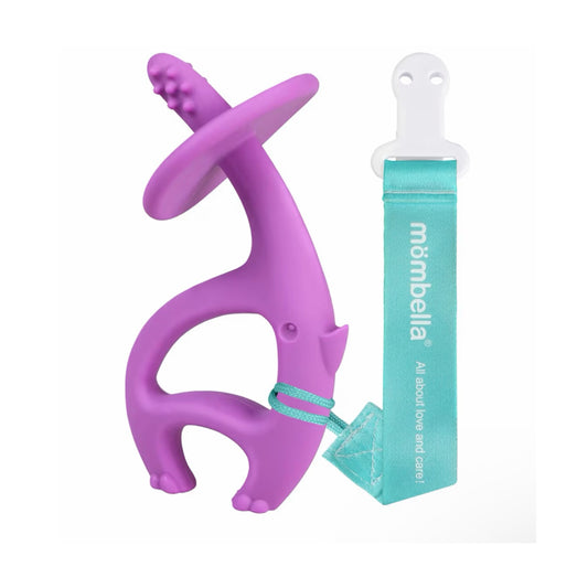 Mombella 2-in-1 silikoninis kramtukas su laikikliu „Drambliukas“