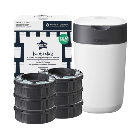 TOMMEE TIPPEE SANGENIC TWIST AND CLICK ADVANCED Diaper Container and 6-Piece Cassette Set, WHITE