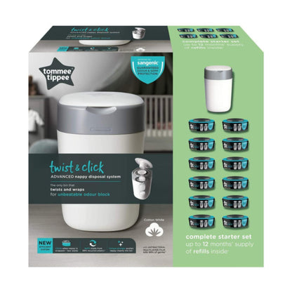 TOMMEE TIPPEE TWIST AND CLICK ADVANCED Diaper Container and 12-Piece Cassette Set, WHITE