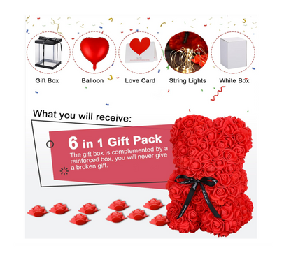 Rožinis rožių meškiukas su LED švieselėmis – romantiška dovana jai