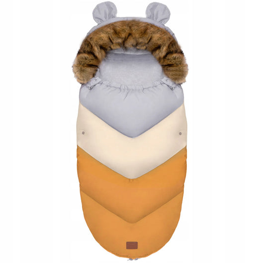 Žieminis vežimėlio miegmaišis su kailiu ir rankine „Teddy PRO-V Pastel“ – šiltas ir elegantiškas rinkinys