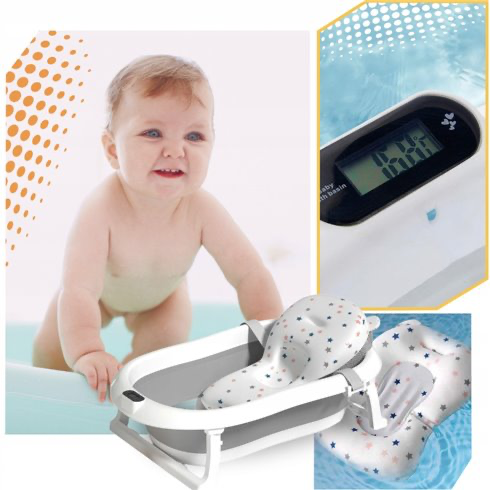 Foldable bathtub with thermometer and cushion Gray