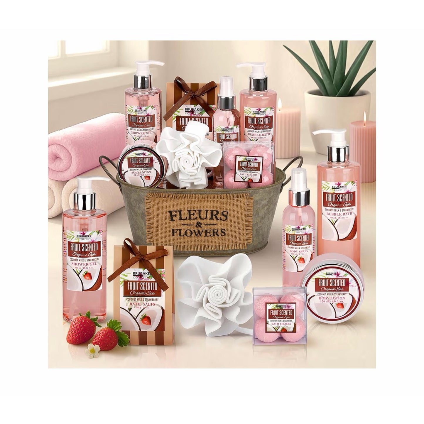 „Coconut & Strawberry“ 10 dalių vonios ir dušo rinkinys su vintage vonelės dėžute