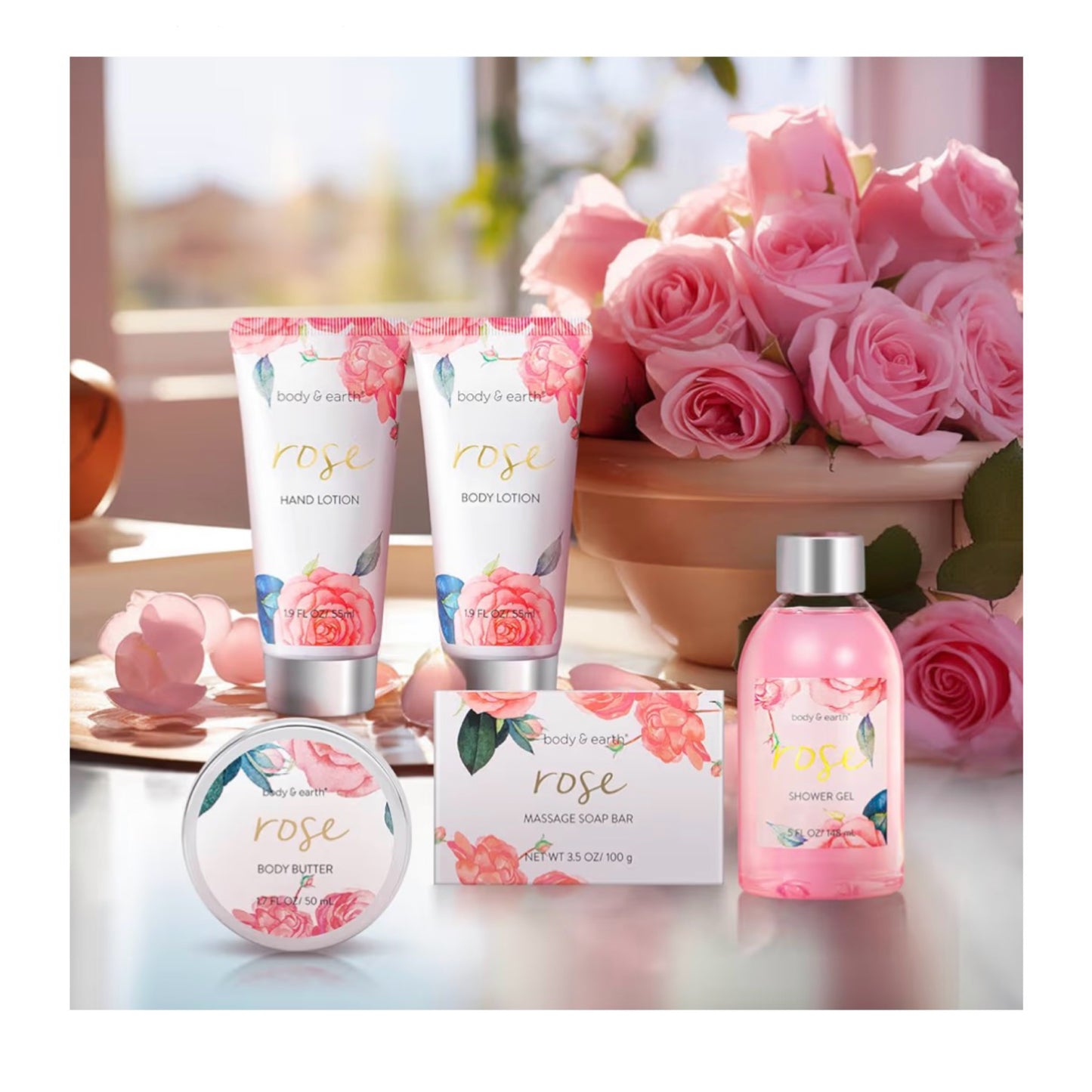 SPA dovanų dėžutė – 6 dalių kūno priežiūros rinkinys rožių aromato