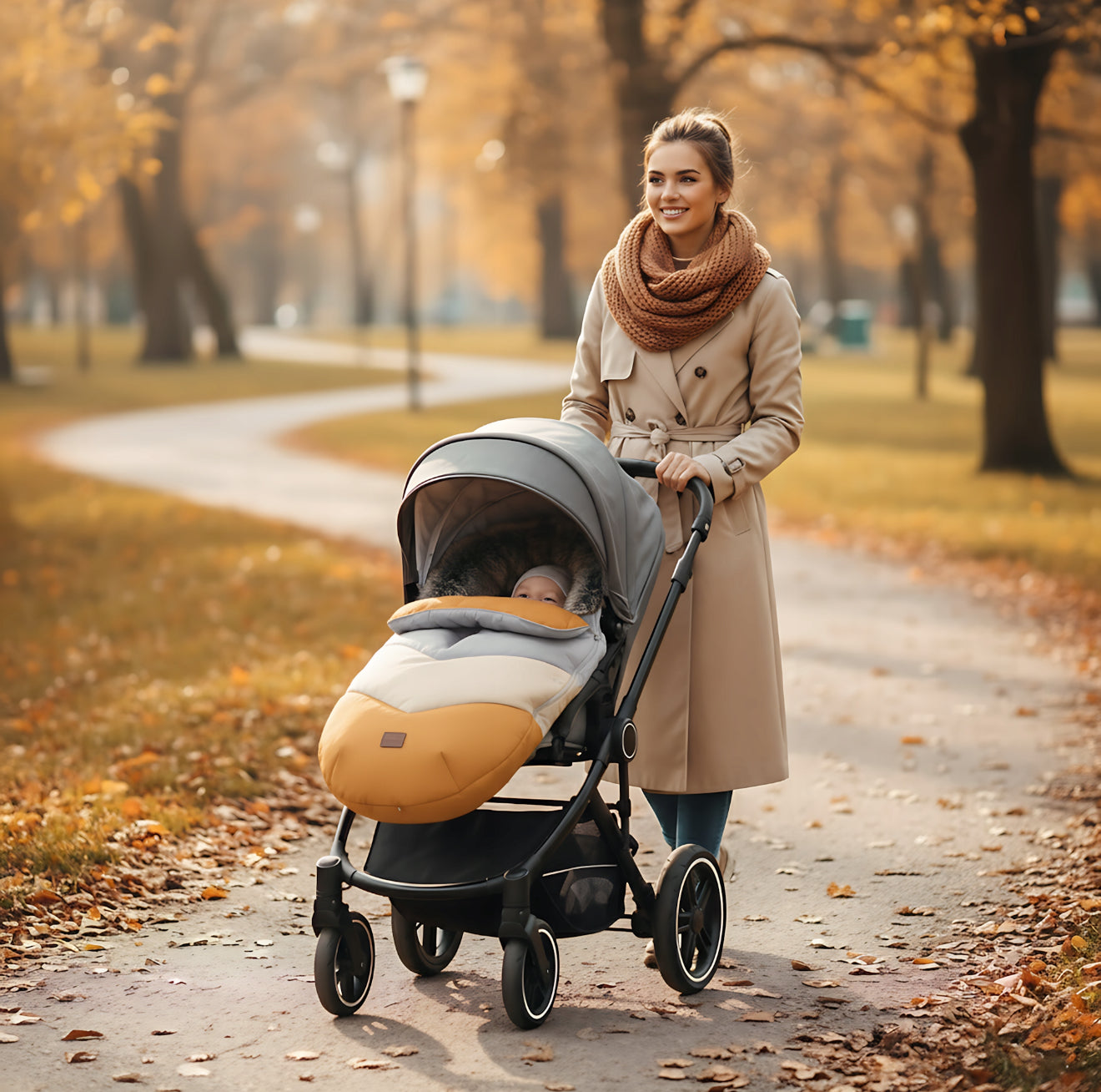 Žieminis vežimėlio miegmaišis su kailiu ir rankine „Teddy PRO-V Pastel“ – šiltas ir elegantiškas rinkinys