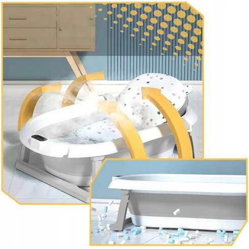 Foldable bathtub with thermometer and cushion Gray