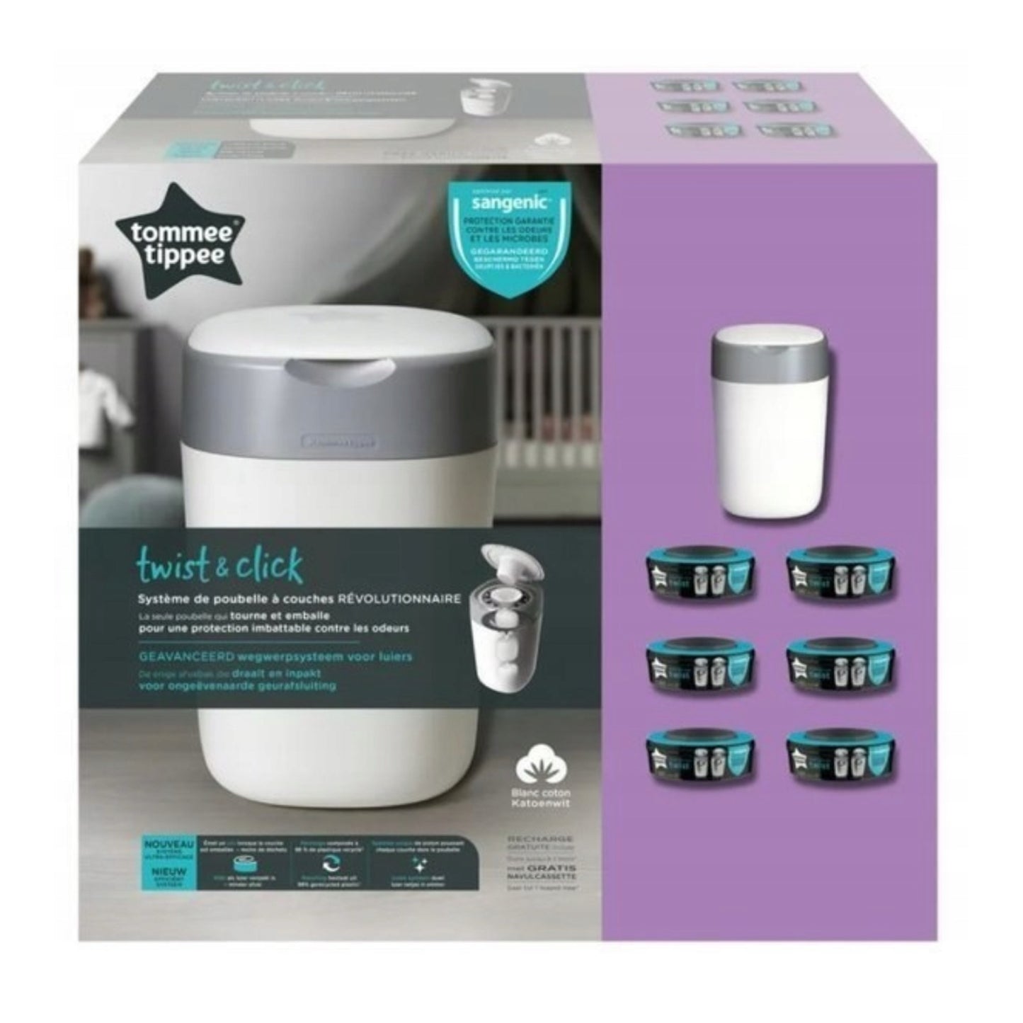 TOMMEE TIPPEE SANGENIC TWIST AND CLICK ADVANCED Diaper Container and 6-Piece Cassette Set, WHITE