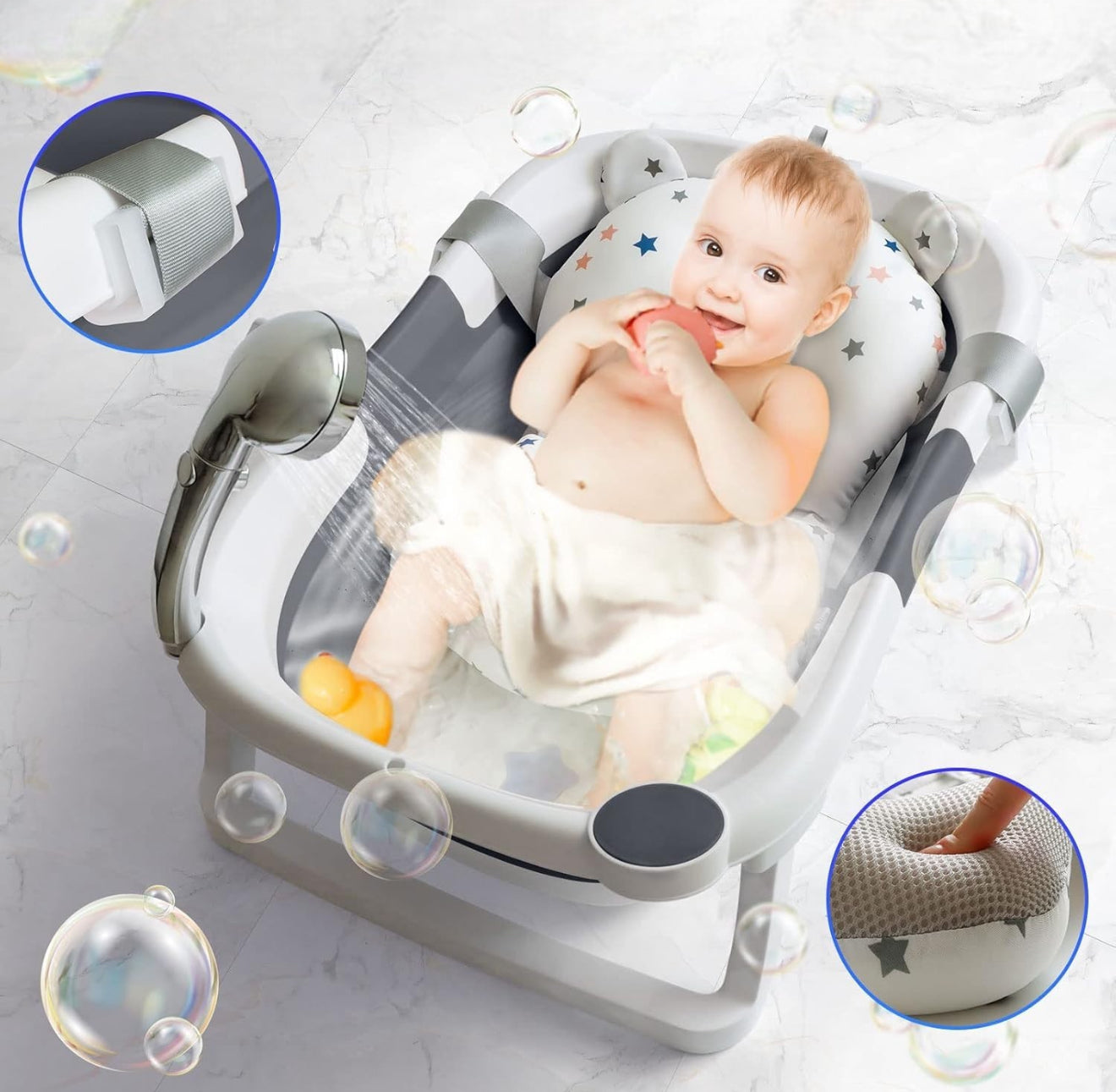 Foldable silicone baby bath with cushion and temperature sensor