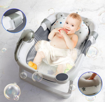 Foldable silicone baby bath with cushion and temperature sensor