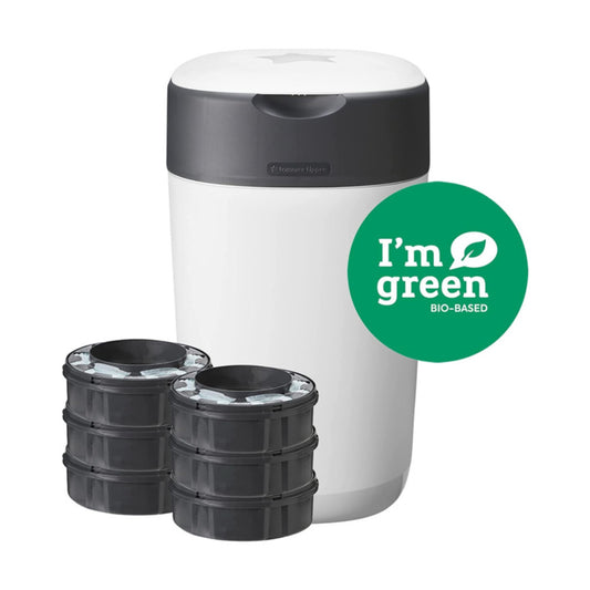 TOMMEE TIPPEE SANGENIC TWIST AND CLICK ADVANCED Diaper Container and 6-Piece Cassette Set, WHITE