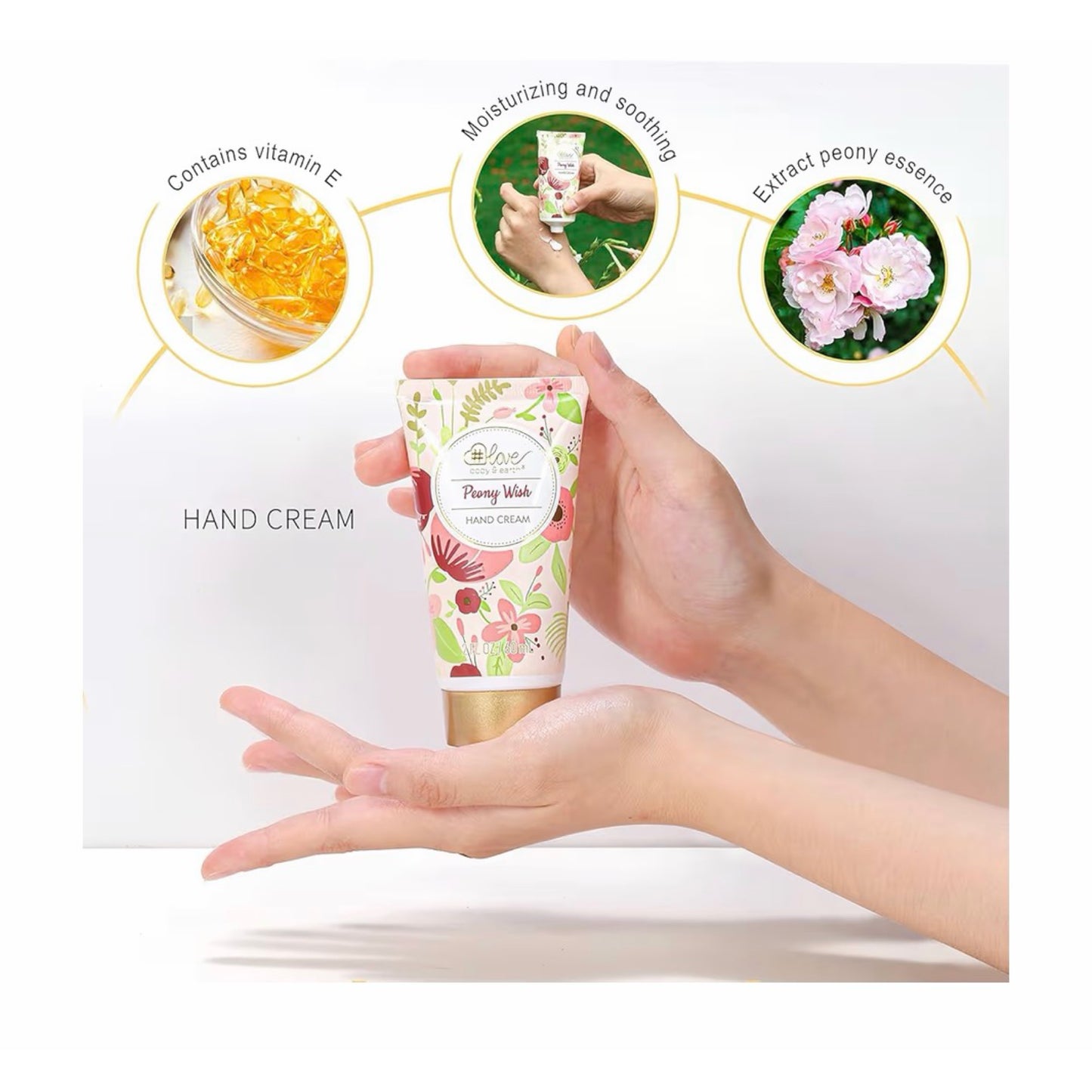 Body & Earth „Love“ dovanų rinkinys moterims – 4 dalių odos priežiūros ir aromaterapijos rinkinys su bijūnų kvapu