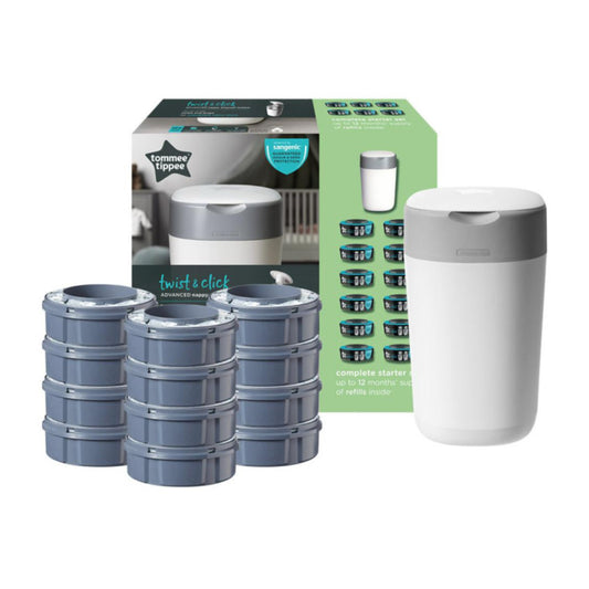 TOMMEE TIPPEE TWIST AND CLICK ADVANCED Diaper Container and 12-Piece Cassette Set, WHITE