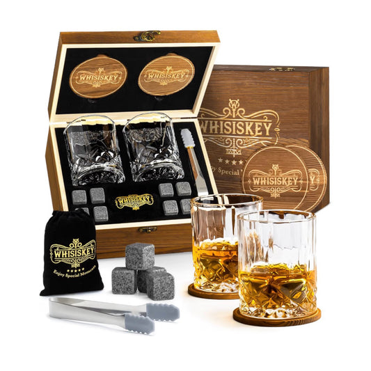 Premium Whisky Dovanų Rinkinys Vyrams (2 taurės + 8 akmenukai + priedai)