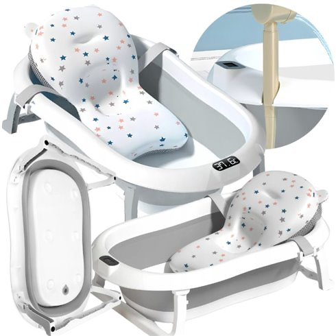 Foldable bathtub with thermometer and cushion Gray