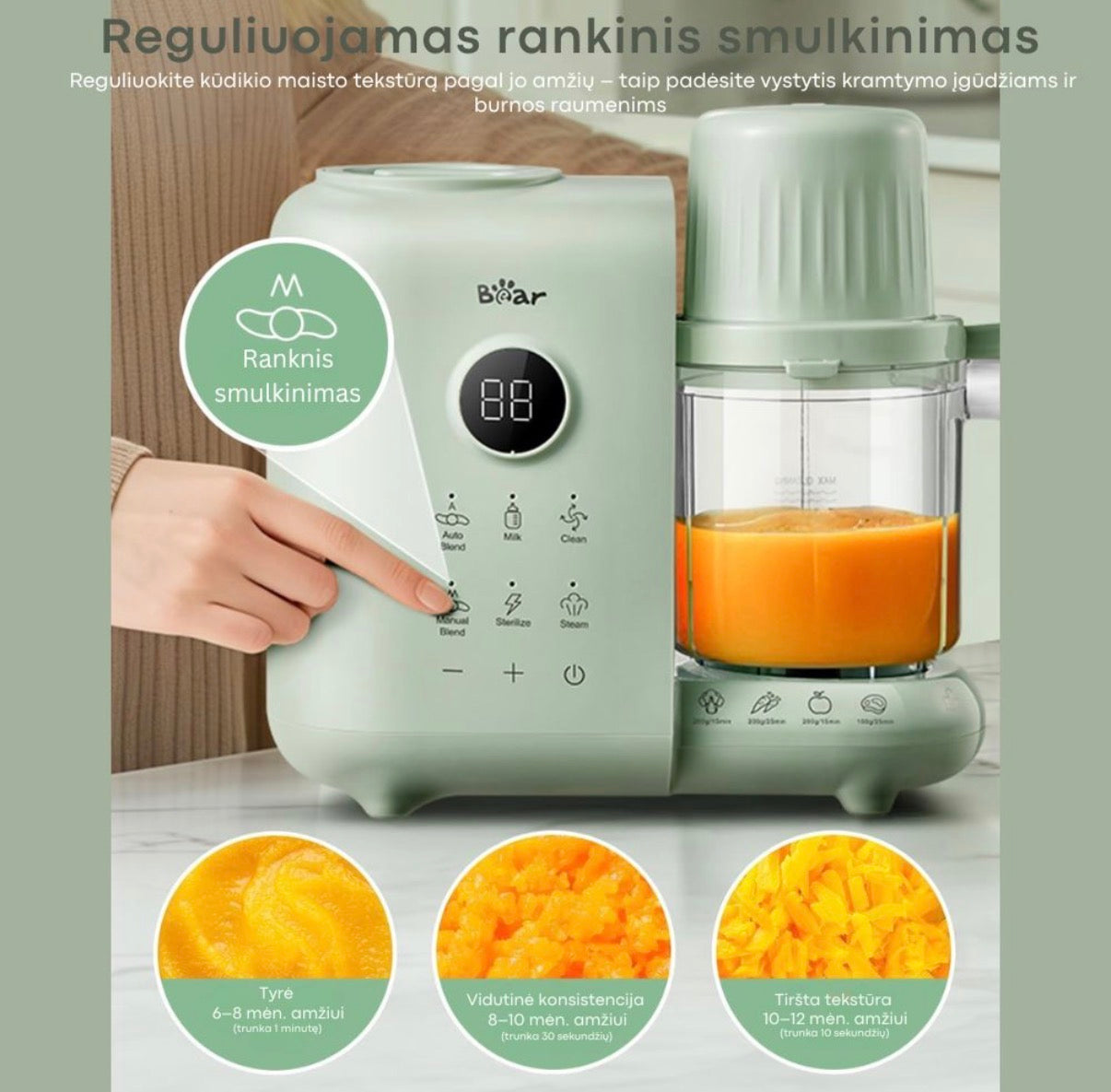 BEAR 6in1 garintuvas trintuvas su savaiminio išsivalymo, sterilizavimo ir pieno šildymo funkcija
