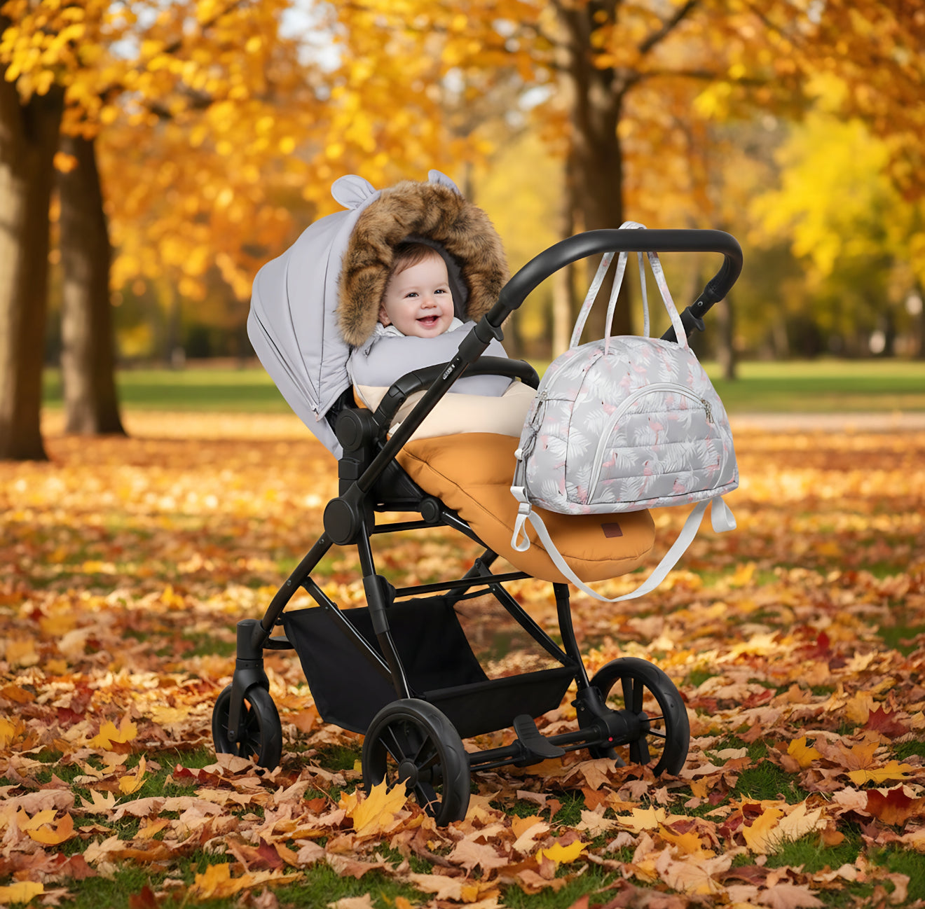 Žieminis vežimėlio miegmaišis su kailiu ir rankine „Teddy PRO-V Pastel“ – šiltas ir elegantiškas rinkinys