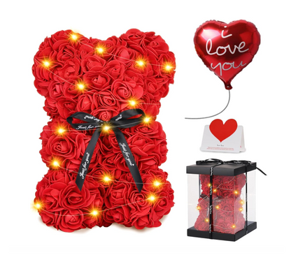 Rožinis rožių meškiukas su LED švieselėmis – romantiška dovana jai