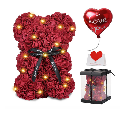 Rožinis rožių meškiukas su LED švieselėmis– išskirtinė dovana jai