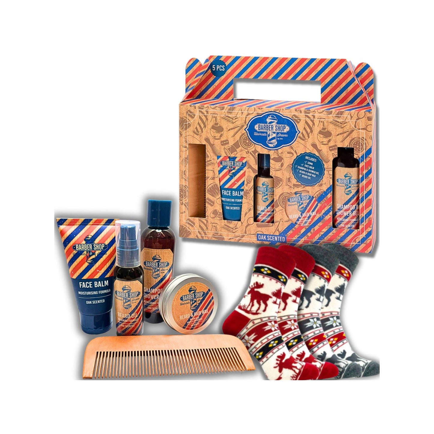 Kalėdinis Vyriškas BARBER Rinkinys su Barzdos Priežiūros Priemonėmis + 2 poros Kalėdinių Kojinių