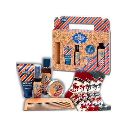 Kalėdinis Vyriškas BARBER Rinkinys su Barzdos Priežiūros Priemonėmis + 2 poros Kalėdinių Kojinių