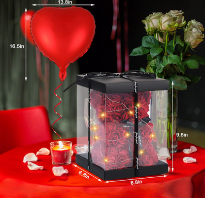 Rožinis rožių meškiukas su LED švieselėmis– išskirtinė dovana jai