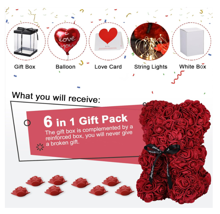 Rožinis rožių meškiukas su LED švieselėmis– išskirtinė dovana jai