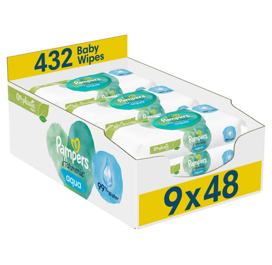 „Pampers Harmonie Aqua“ drėgnos servetėlės, 9×48 vnt. (432 vnt.)
