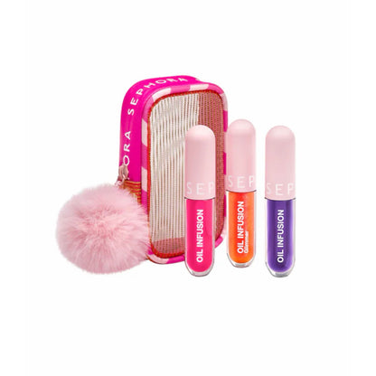 „SEPHORA“ Drėkinančių Lūpų Aliejų Trio – Šventinis Rinkinys su Dovanų Kosmetine