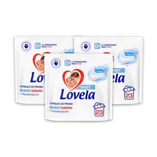 Lovela Baby hipoalerginės skalbimo kapsulės kūdikių ir vaikų drabužiams – 3 × 23 vnt. (69 kapsulės)