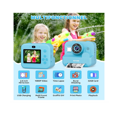 Vaikiška Momentinė Kamera su Seflie Režimu – 1080P HD, 16x Zoom, su 32GB Kortele ir 3 Spaudos Ritinėliais (Mėlyna)