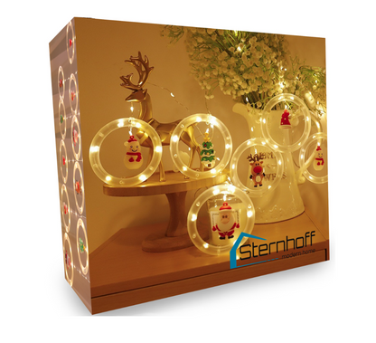 Kalėdinės užuolaidinės LED lemputės su vitražiniais personažais – Kalėdų Senelis, sniego seniai ir eglutės (108 LED, 3 m)